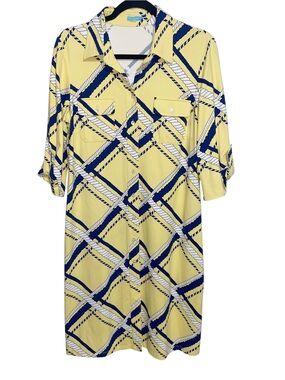 J McLaughlin Shirt Dress Large Rope Print Yellow Navy Coastal Nautical Catalina